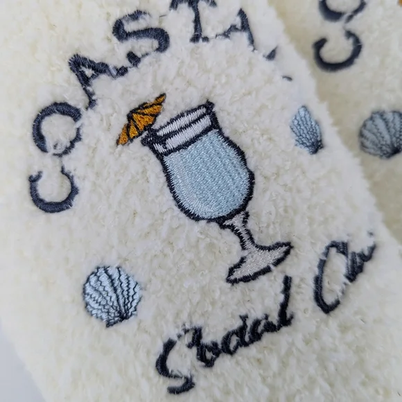 Slipper Umbrella Drink Coastal Social Club Embroider Slip On Ivory L (9/10) NWT - Picture 4 of 12